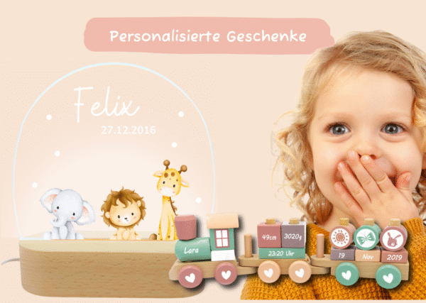 Personalisierte Geschenke mit Kinderzug Ein Kind mit einem Überraschungsausdruck, das vor einem personalisierten Geschenke-Zug mit Tieren steht.