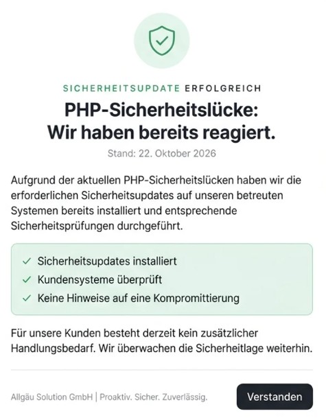 Ein Sicherheitsupdate informiert über behobene PHP-Sicherheitslücken, installierte Updates und geprüfte Systeme bei Allgäu Solution.